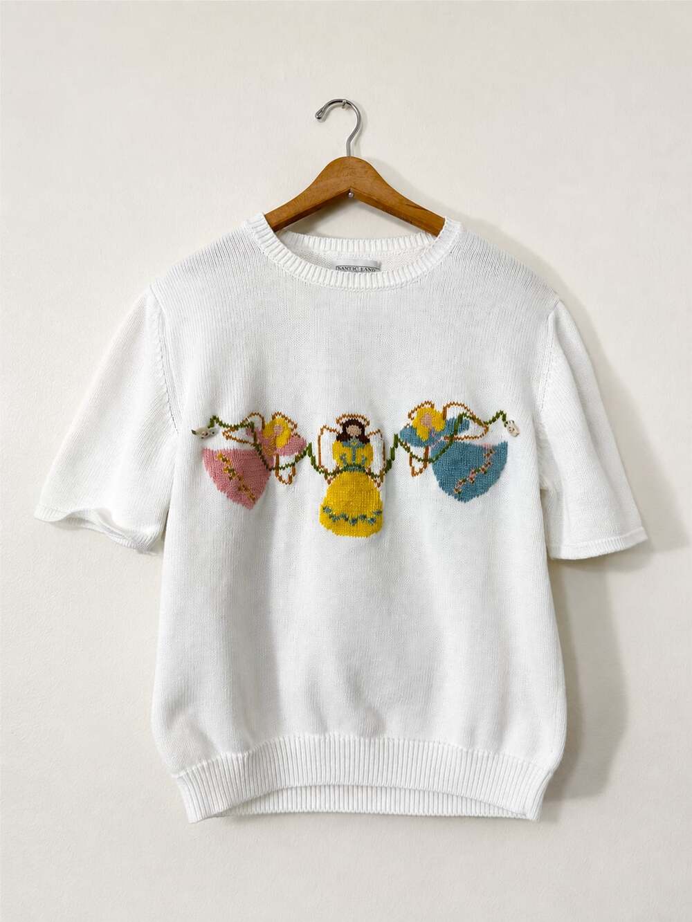 Vtg lands end 90s Embroidered Angel Motif Short Sleeve Cotton Sweater Size M